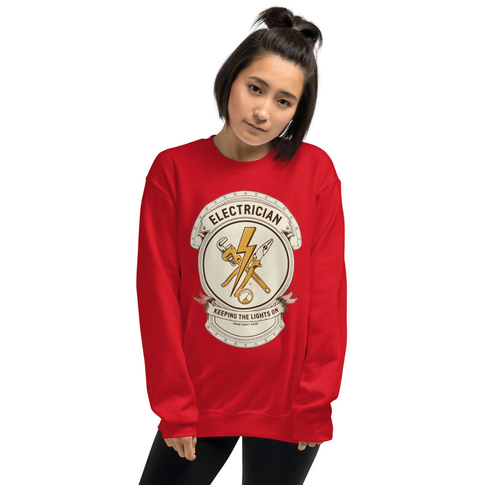 Electrician Journeyman trade crest crewneck — Red, on model
