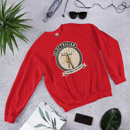 Powering The World electrician emblem crewneck — Red, flat lay