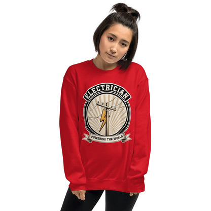 Powering The World electrician emblem crewneck — Red, on model