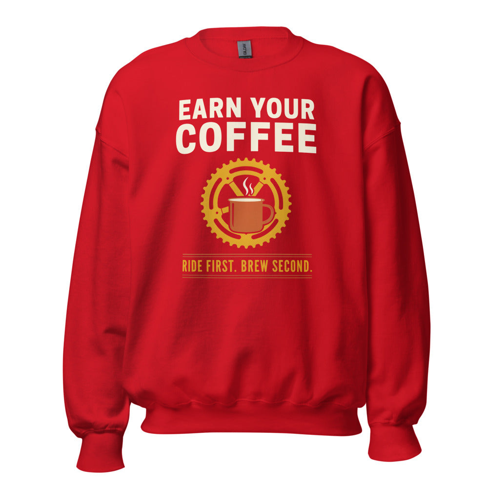 Earn Your Coffee retro cycling coffee crewneck — Red, front