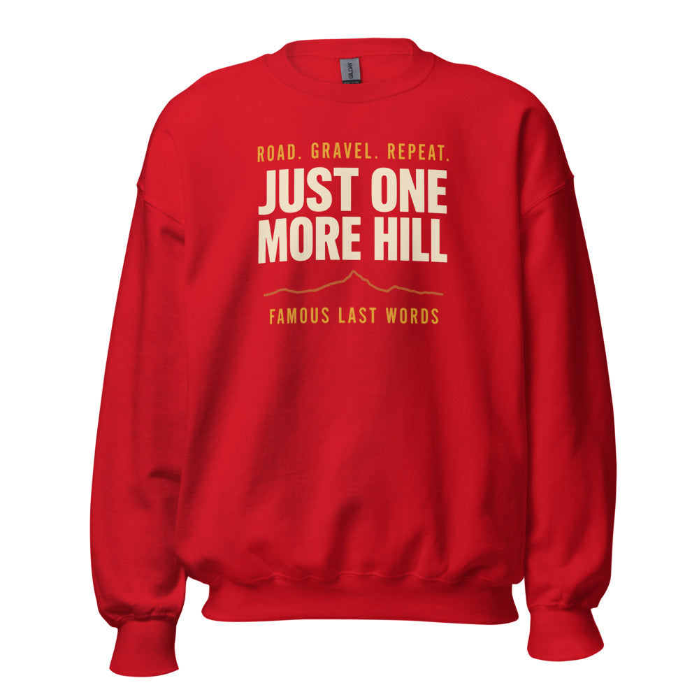 Just One More Hill retro cycling climb crewneck — Red, front
