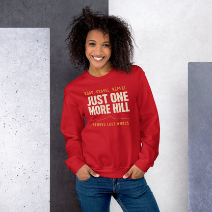 Just One More Hill retro cycling climb crewneck — Red, on model