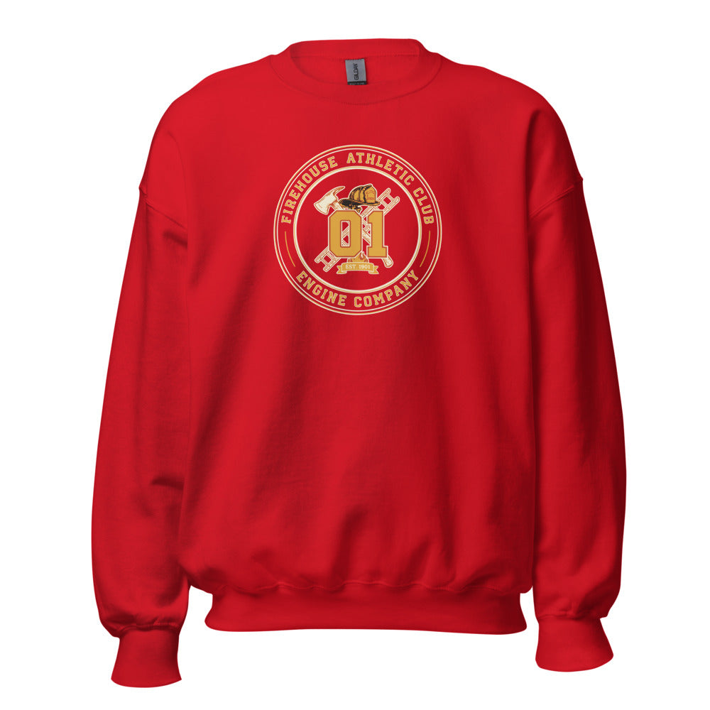 Firehouse Athletic Club retro firefighter emblem crewneck sweatshirt — Red, front