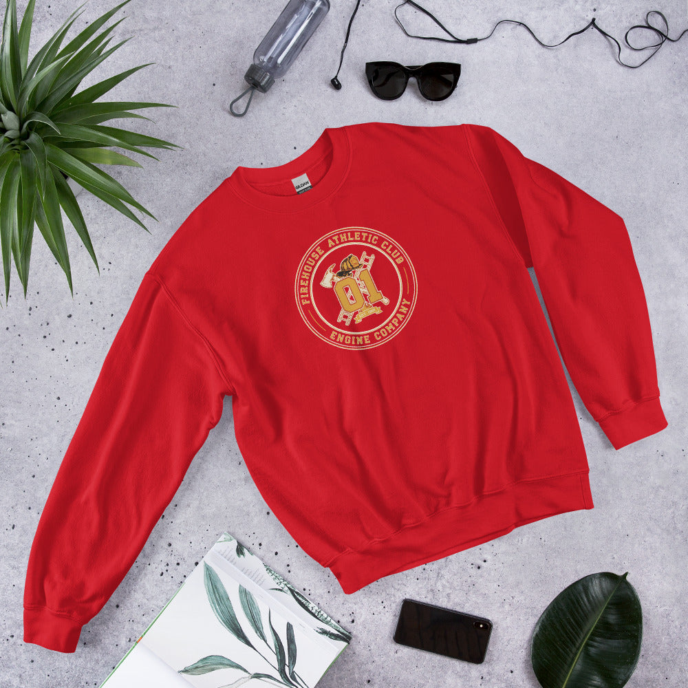 Firehouse Athletic Club retro firefighter emblem crewneck sweatshirt — Red, flat lay
