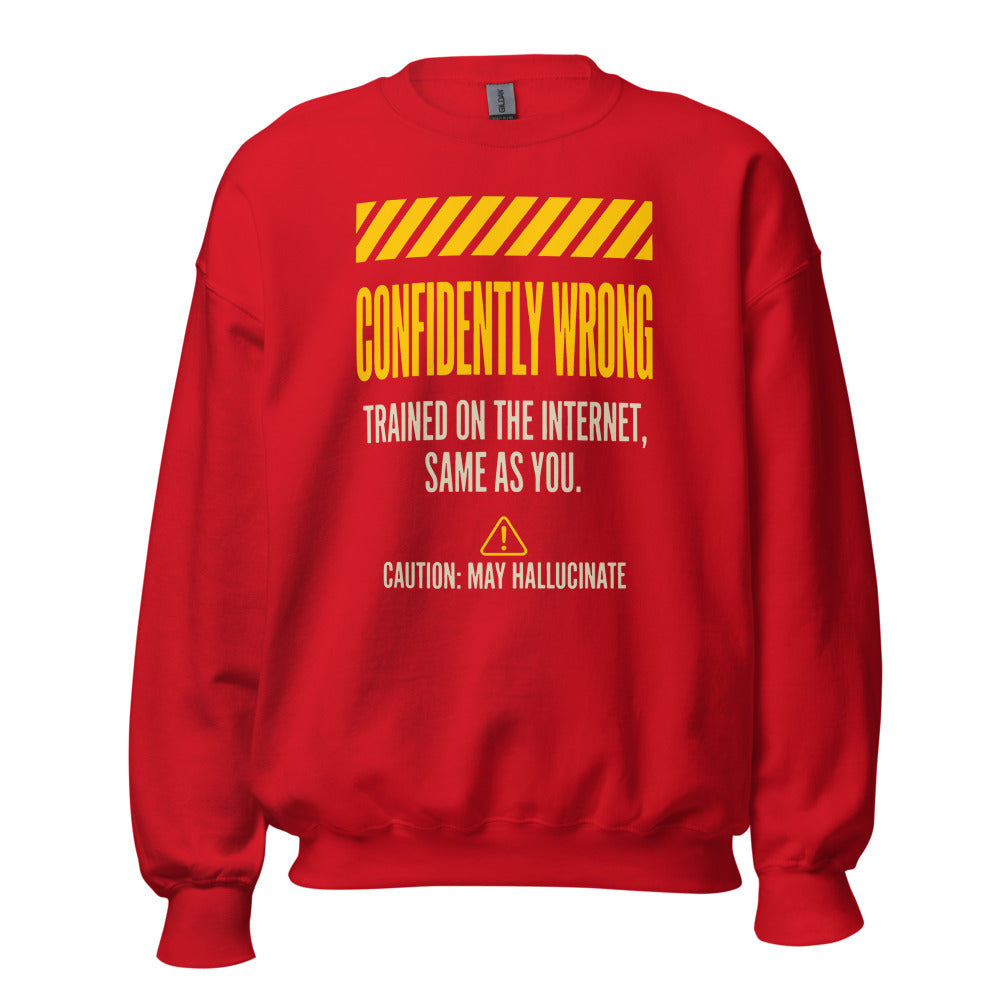 Confidently Wrong AI hazard-label crewneck sweatshirt — Red, front