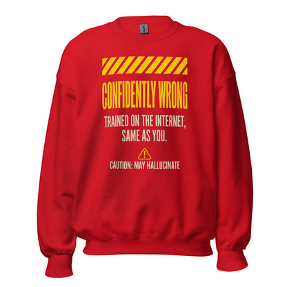 Confidently Wrong AI hazard-label crewneck sweatshirt — Red, front