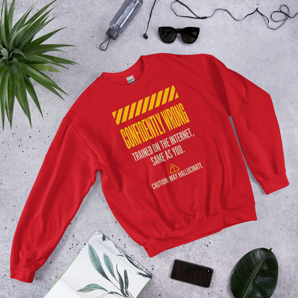 Confidently Wrong AI hazard-label crewneck sweatshirt — Red, flat lay