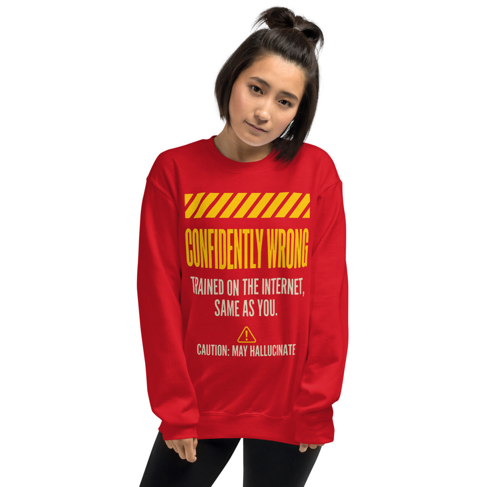 Confidently Wrong AI hazard-label crewneck sweatshirt — Red, on model