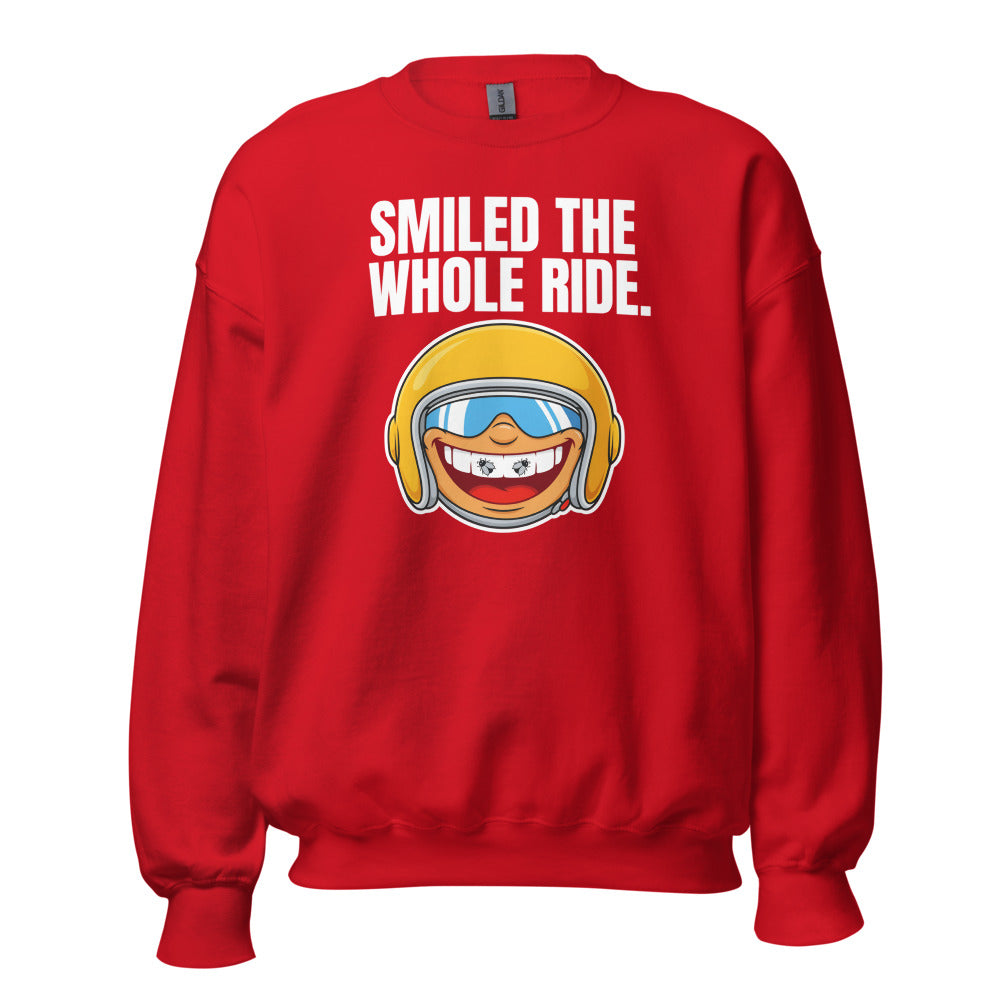Smiled The Whole Ride funny motorcycle crewneck sweatshirt — Red, front