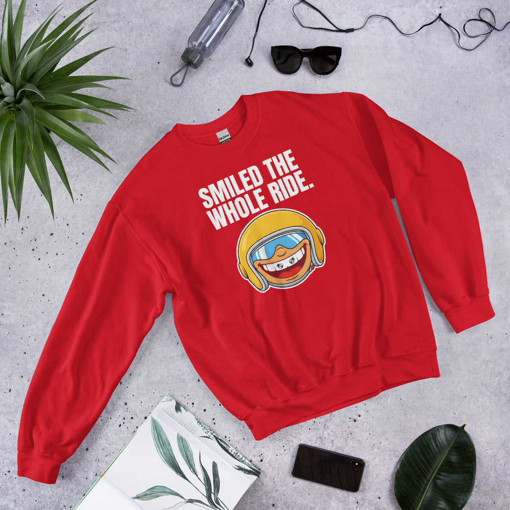 Smiled The Whole Ride funny motorcycle crewneck sweatshirt — Red, flat lay