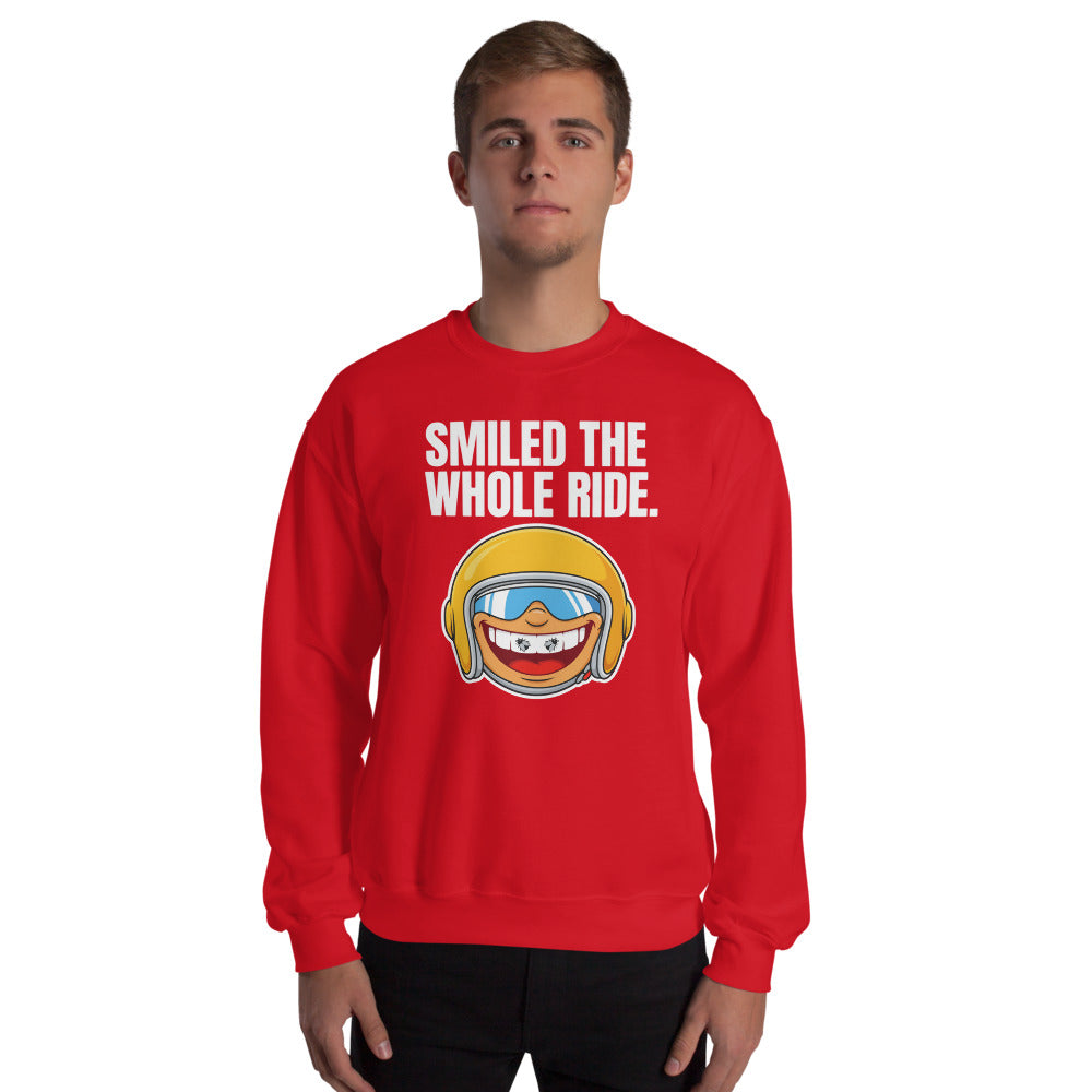 Smiled The Whole Ride funny motorcycle crewneck sweatshirt — Red, on model