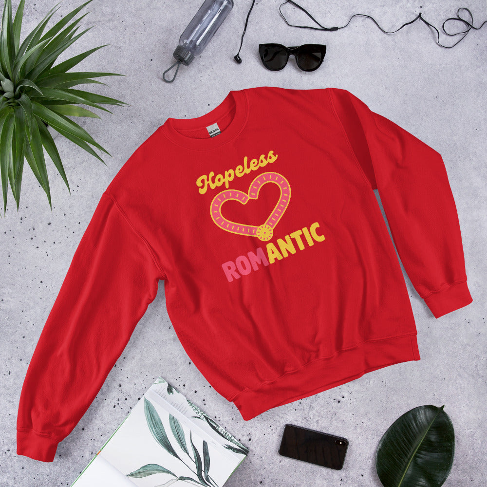 Hopeless ROMantic funny physical therapy crewneck sweatshirt — Red, flat lay