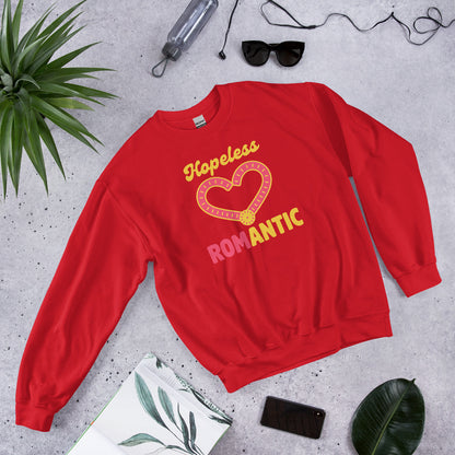 Hopeless ROMantic funny physical therapy crewneck sweatshirt — Red, flat lay