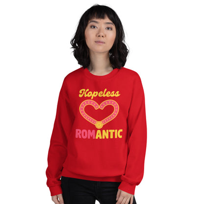 Hopeless ROMantic funny physical therapy crewneck sweatshirt — Red, on model