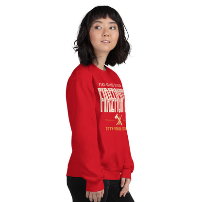 Firefighter collegiate wordmark retro fire-rescue crewneck sweatshirt — Red, on model