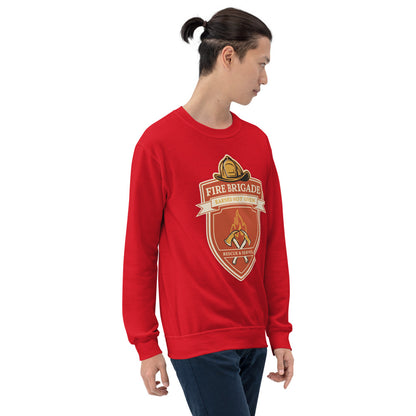 Fire Brigade Earned Not Given retro firefighter shield emblem crewneck sweatshirt — Red, on model
