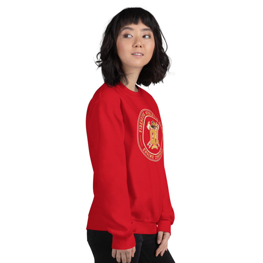 Firehouse Athletic Club retro firefighter emblem crewneck sweatshirt — Red, on model