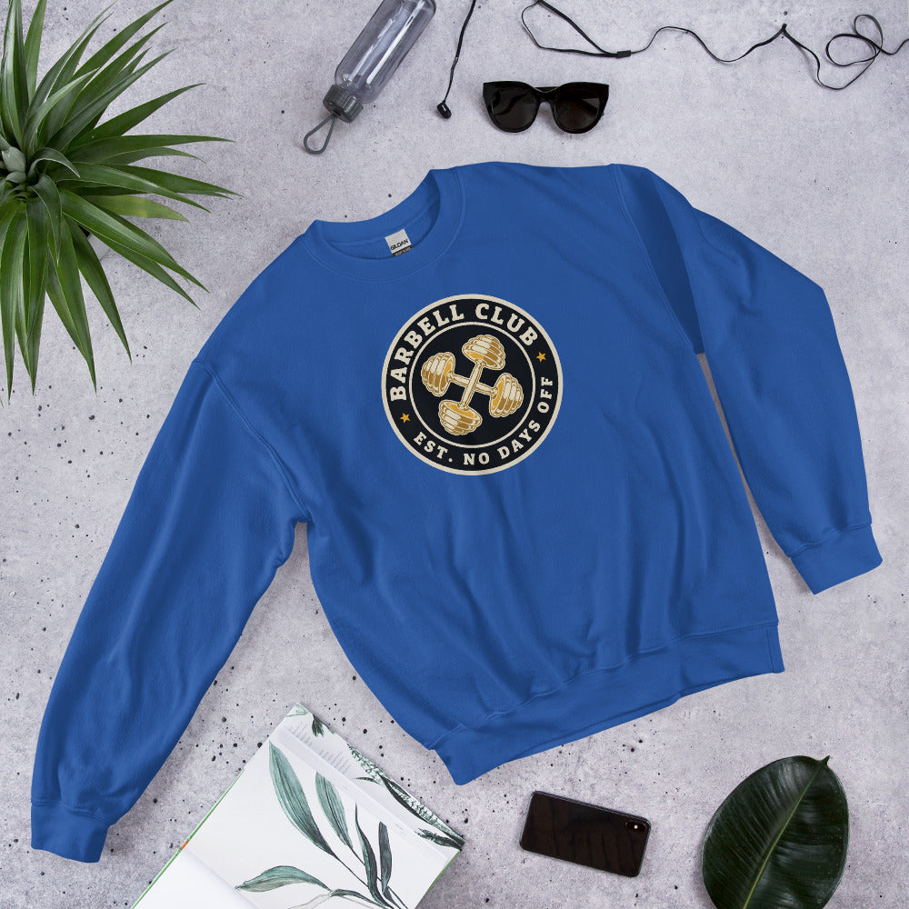 Barbell Club No Days Off vintage gym crewneck sweatshirt — Royal, front-right