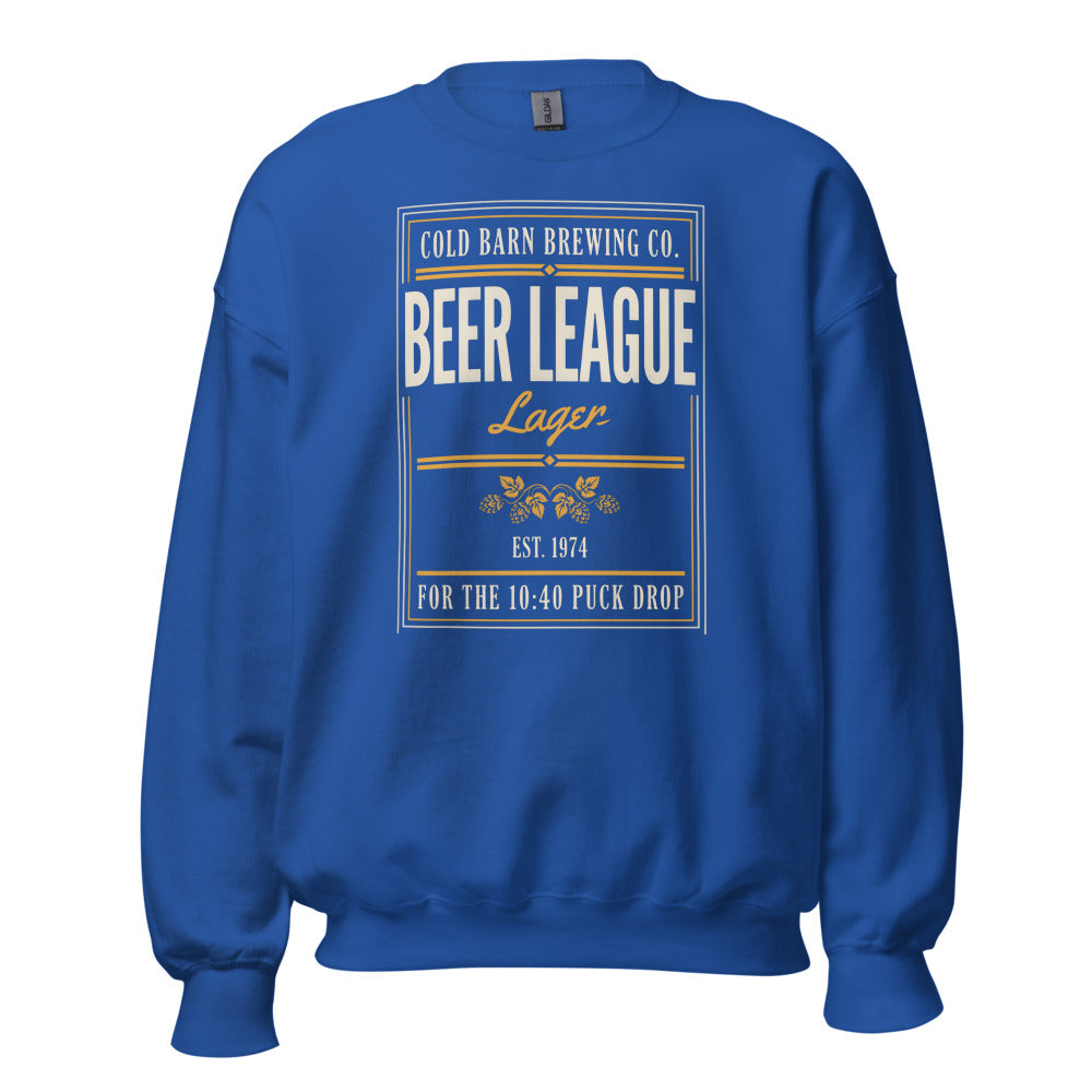 Beer League Cold Barn Brewing lager crewneck sweatshirt — Royal, front