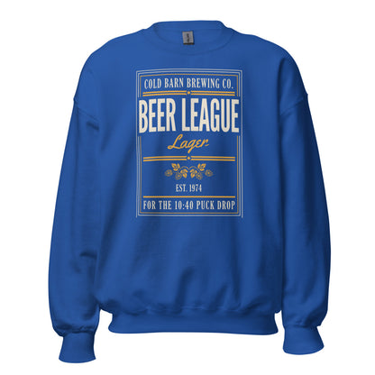 Beer League Cold Barn Brewing lager crewneck sweatshirt — Royal, front