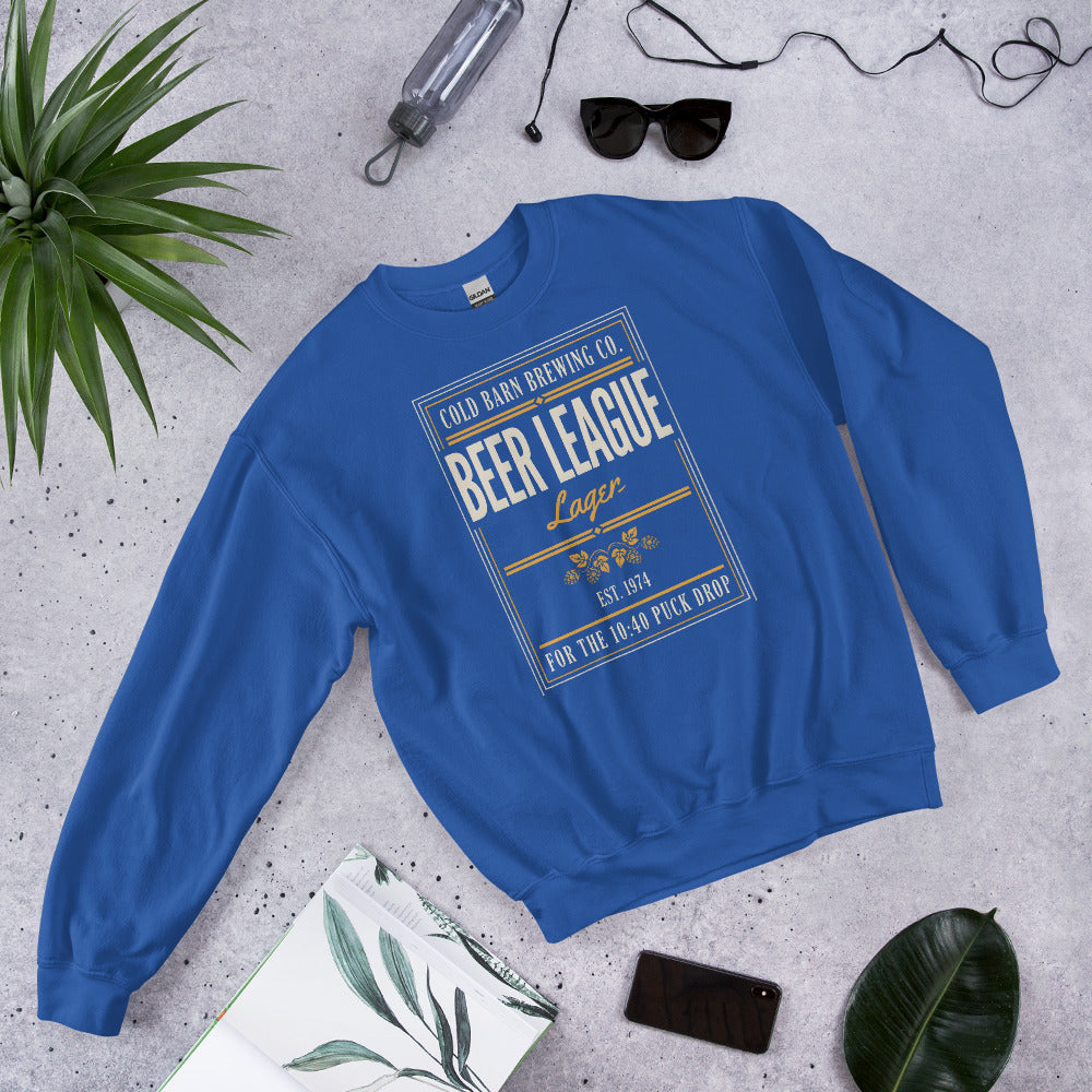 Beer League Cold Barn Brewing lager crewneck sweatshirt — Royal, front-right