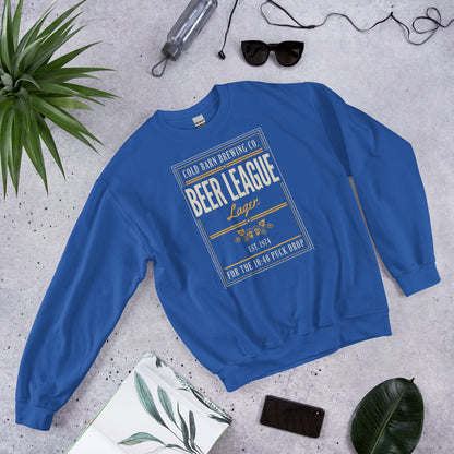 Beer League Cold Barn Brewing lager crewneck sweatshirt — Royal, front-right