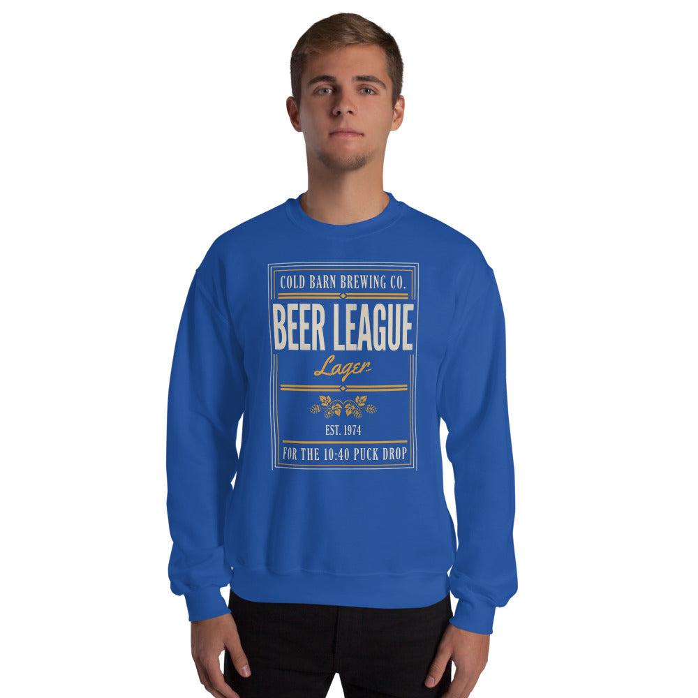 Beer League Cold Barn Brewing lager crewneck sweatshirt — Royal, on model