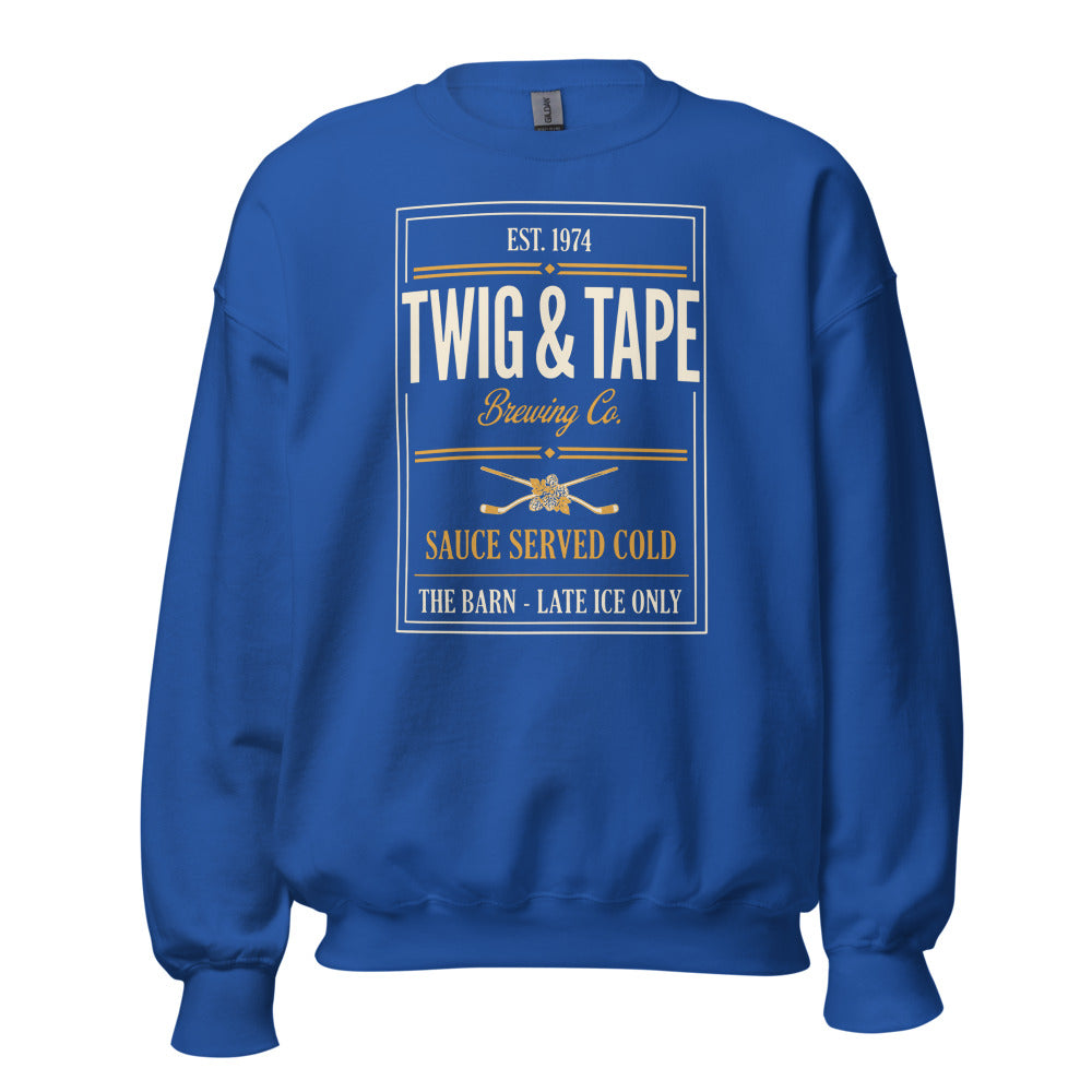 Twig and Tape Brewing Co. beer league hockey crewneck sweatshirt — Royal, front