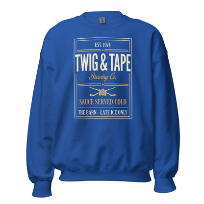 Twig and Tape Brewing Co. beer league hockey crewneck sweatshirt — Royal, front