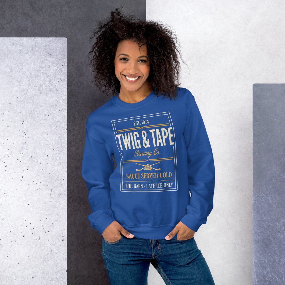 Twig and Tape Brewing Co. beer league hockey crewneck sweatshirt — Royal, on model