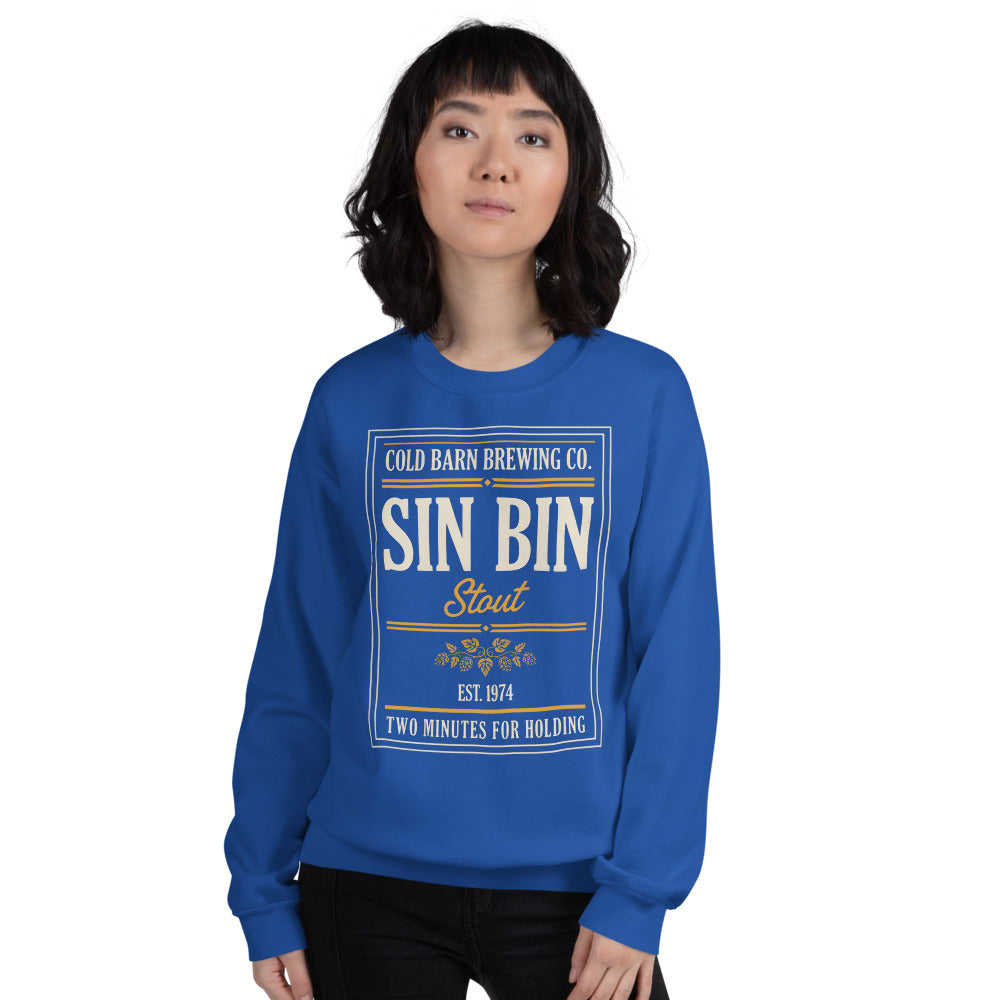 Beer League Sin Bin Stout brewery label crewneck sweatshirt — Royal, on model