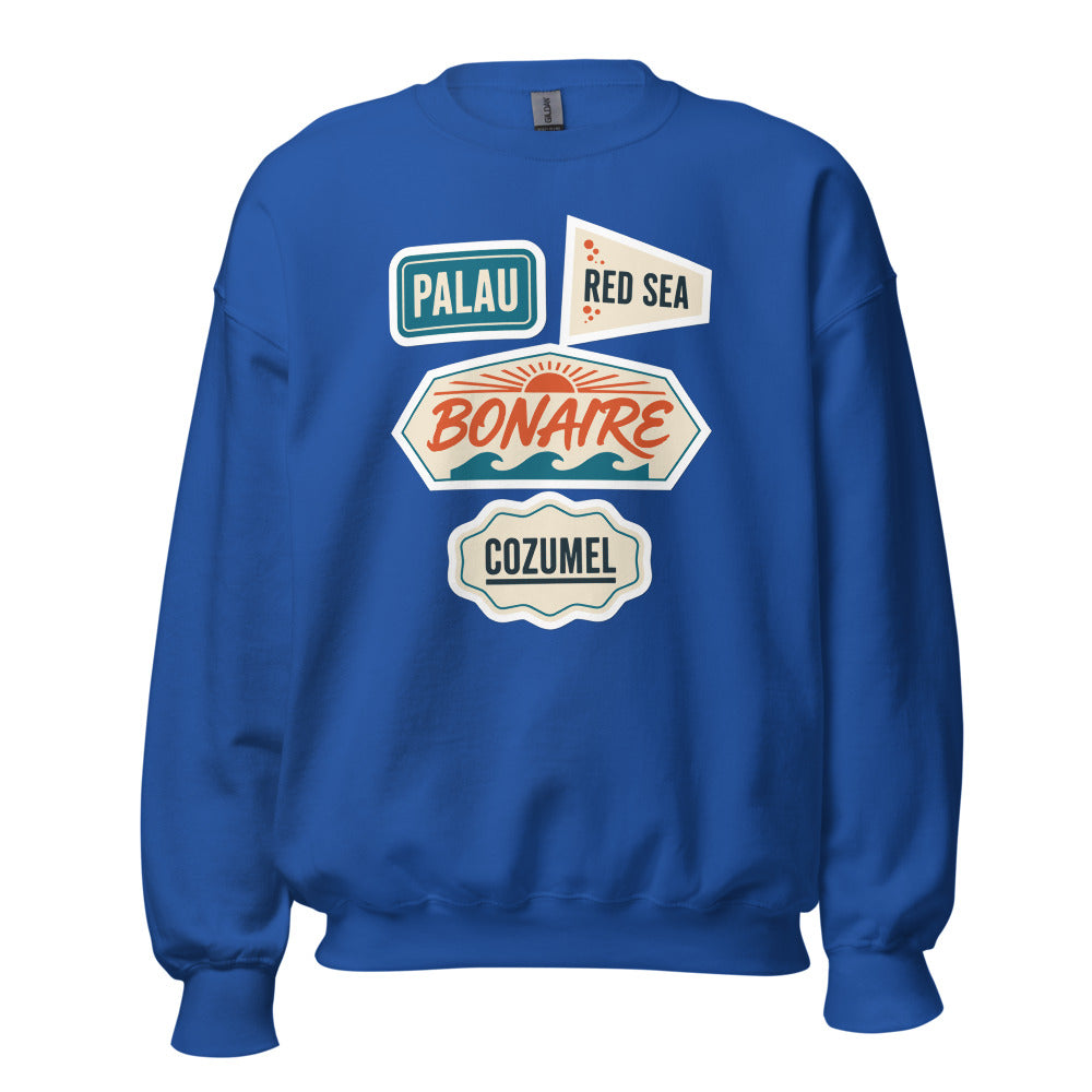 Vintage scuba diving dive sites travel decal sweatshirt — Royal, front