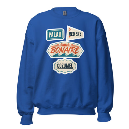 Vintage scuba diving dive sites travel decal sweatshirt — Royal, front