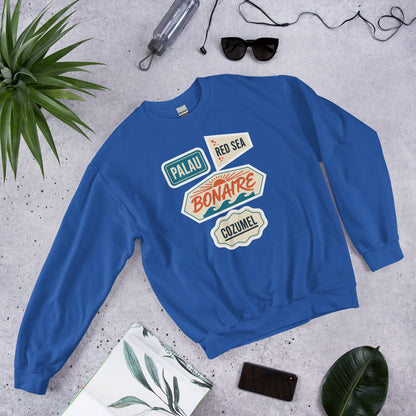 Vintage scuba diving dive sites travel decal sweatshirt — Royal, flat lay