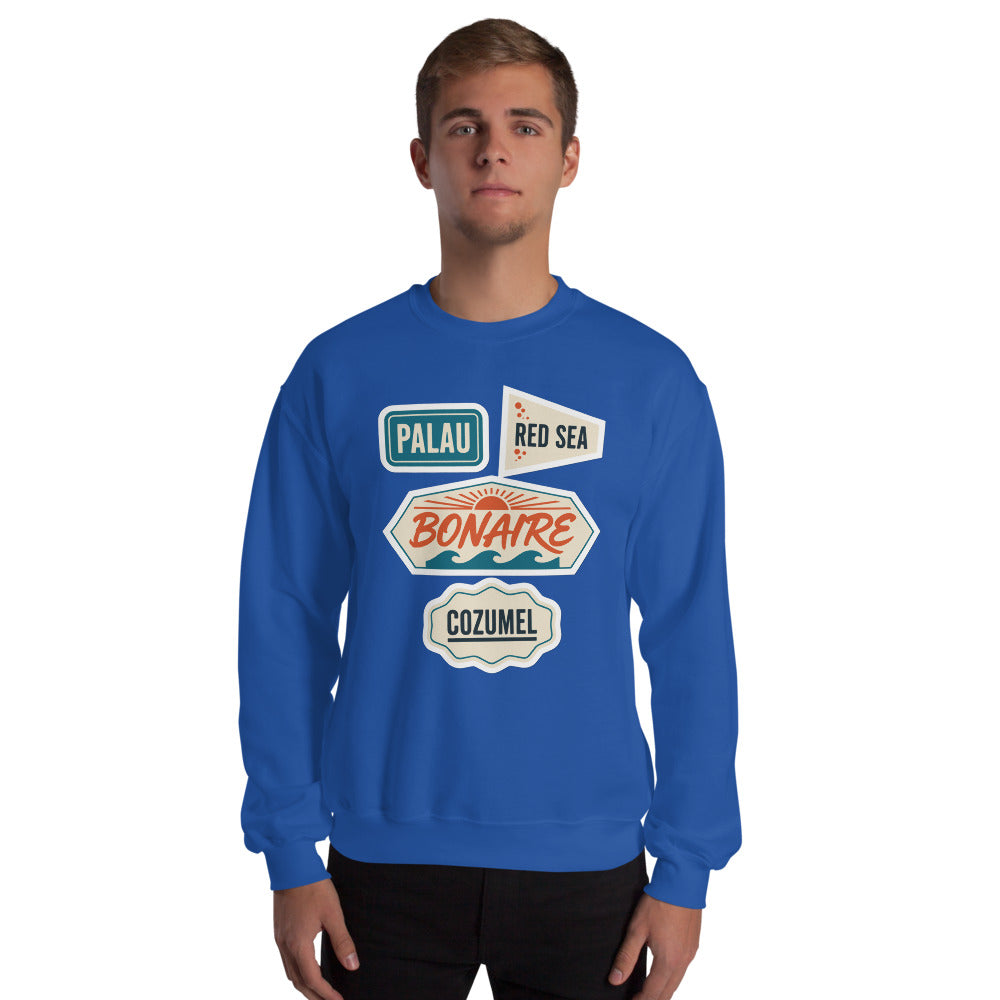 Vintage scuba diving dive sites travel decal sweatshirt — Royal, on model