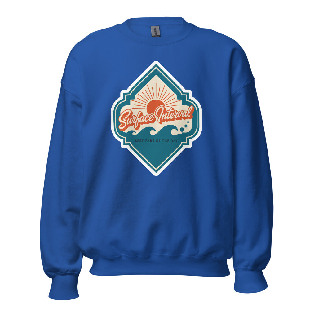 Surface Interval vintage scuba diving travel decal sweatshirt — Royal, front