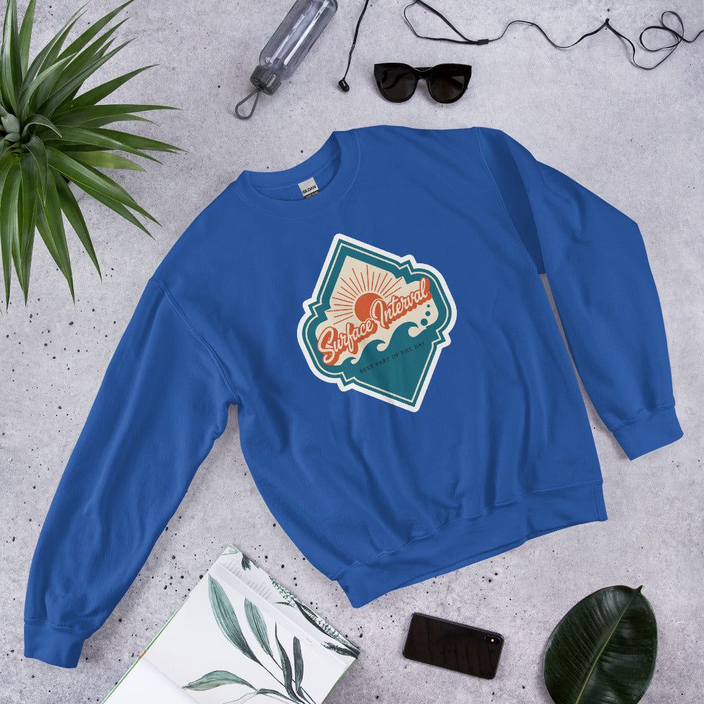 Surface Interval vintage scuba diving travel decal sweatshirt — Royal, flat lay
