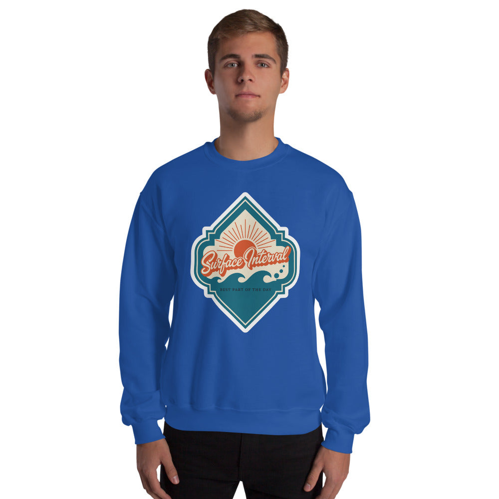 Surface Interval vintage scuba diving travel decal sweatshirt — Royal, on model