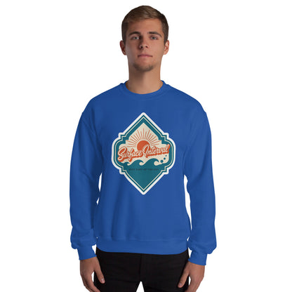 Surface Interval vintage scuba diving travel decal sweatshirt — Royal, on model