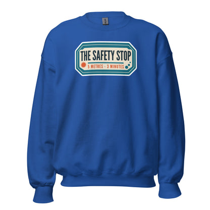 The Safety Stop vintage scuba diving travel decal sweatshirt — Royal, front