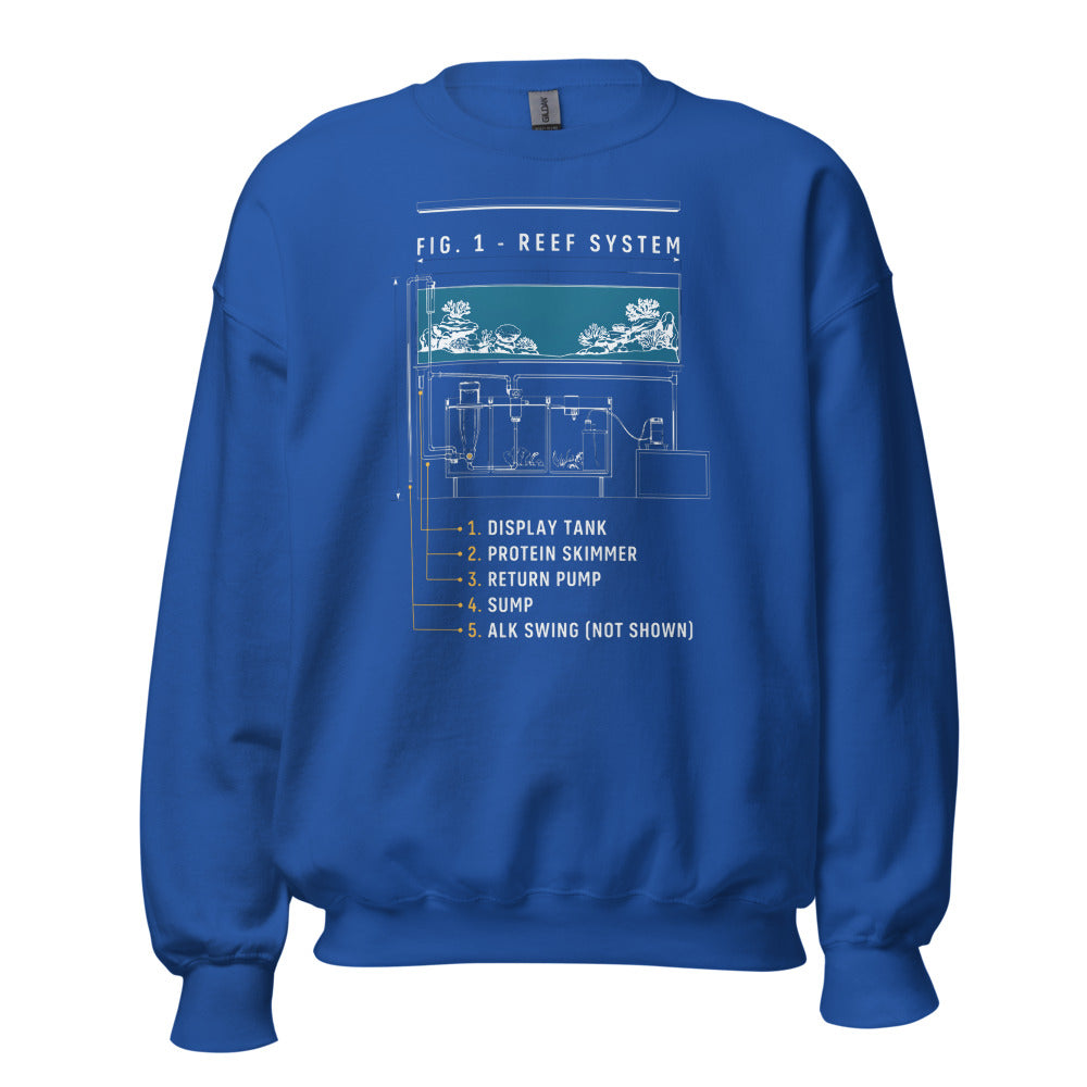 Reef System technical cutaway saltwater aquarium crewneck sweatshirt — Royal, front