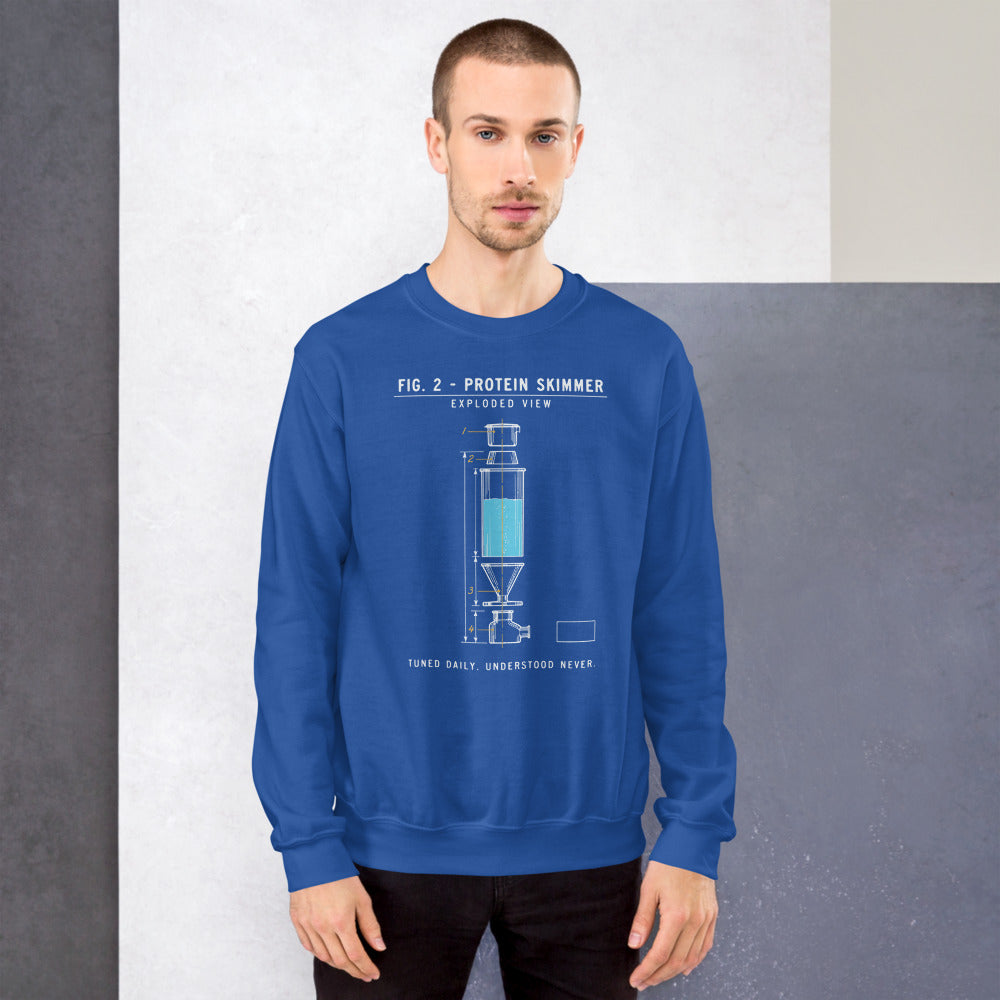 Protein Skimmer Exploded View reef tank saltwater aquarium crewneck sweatshirt — Royal, on model