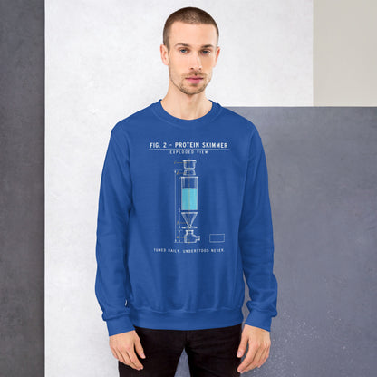 Protein Skimmer Exploded View reef tank saltwater aquarium crewneck sweatshirt — Royal, on model