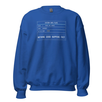 Nothing Good Happens Fast reef system data plate saltwater aquarium crewneck sweatshirt — Royal, front