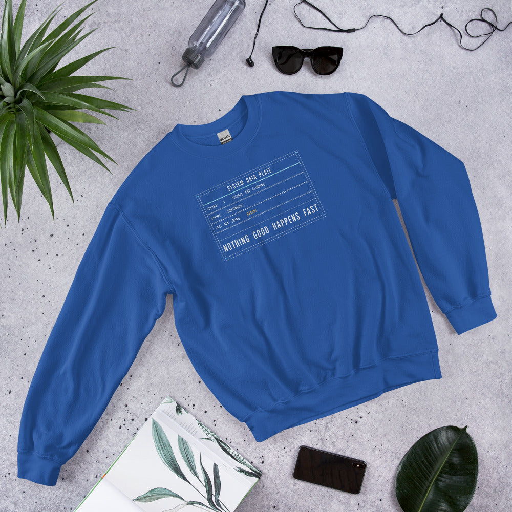 Nothing Good Happens Fast reef system data plate saltwater aquarium crewneck sweatshirt — Royal, flat lay