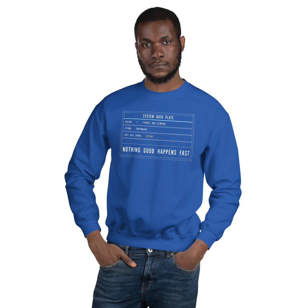 Nothing Good Happens Fast reef system data plate saltwater aquarium crewneck sweatshirt — Royal, on model