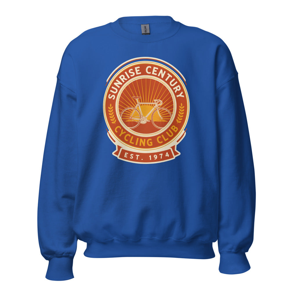Sunrise Century C.C. retro cycling club badge crewneck — Royal, front