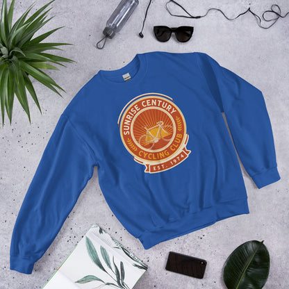 Sunrise Century C.C. retro cycling club badge crewneck — Royal, flat lay