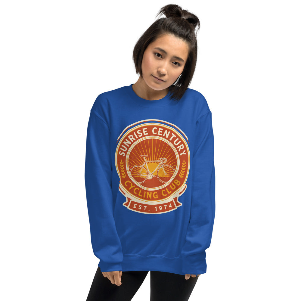 Sunrise Century C.C. retro cycling club badge crewneck — Royal, on model