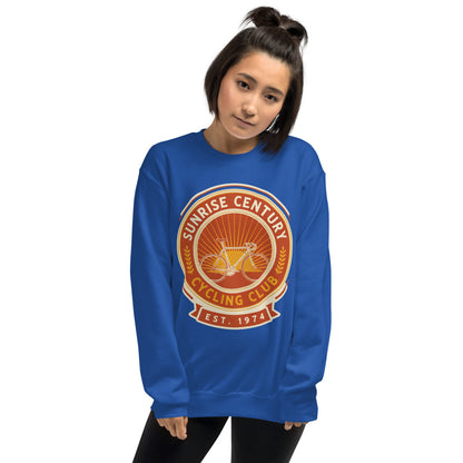 Sunrise Century C.C. retro cycling club badge crewneck — Royal, on model